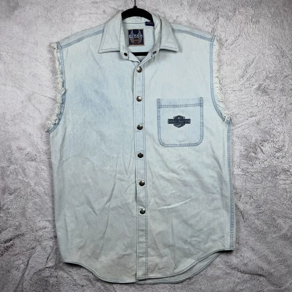 Harley Davidson Biker Blues Vest Mens Small Blue Sleeveless Snaps Denim Vintage